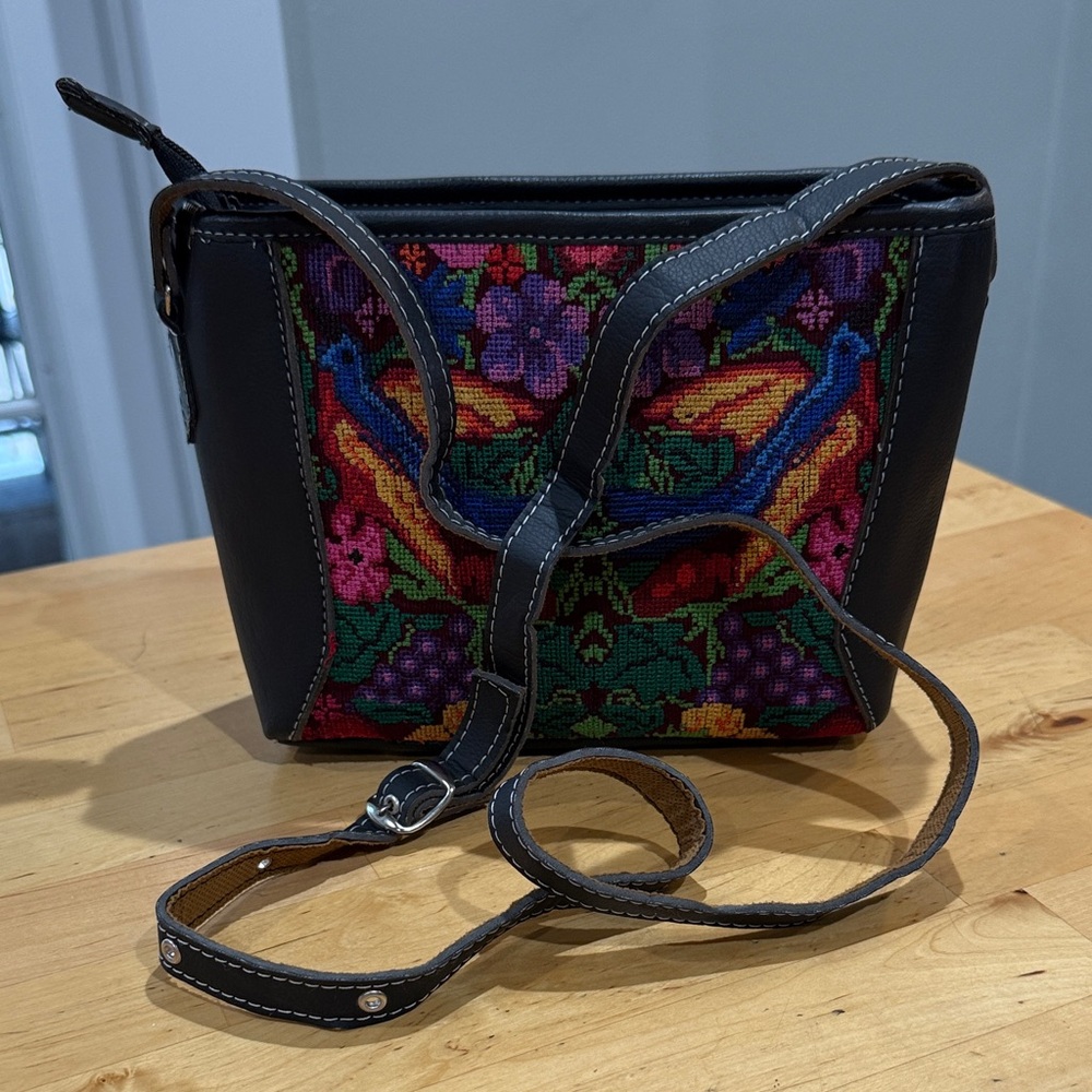 Floral Embroidered Black Leather Bag